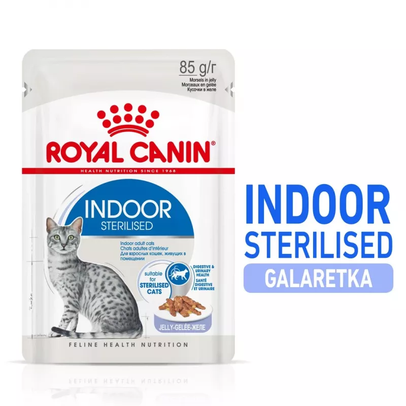 Šlapias kačių ėdalas Royal Canin Indoor Sterilized 85 g pakuotė – suaugusioms sterilizuotoms katėms, paukštienos skonis, dėžutė 12 x 85 g