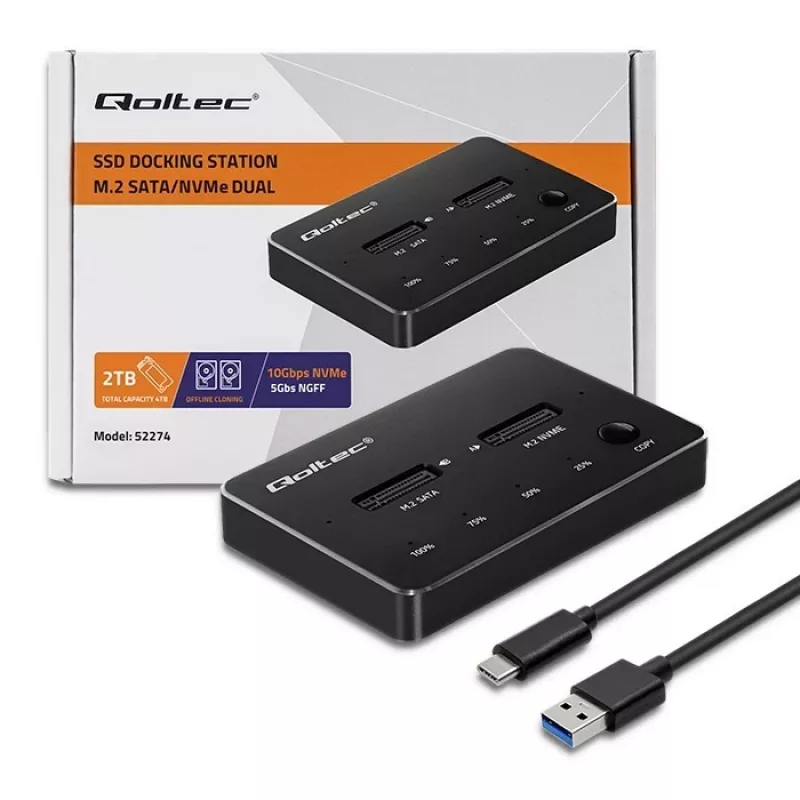 Qoltec 52274 M.2 SSD diskų dokavimo stotelė | NVMe | SATA | USB-C | DVIEJŲ 2 x 2TB