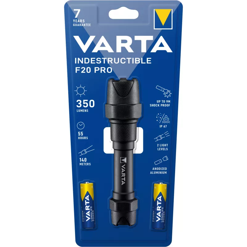 Varta Indestructible F20 Pro – rankinis žibintuvėlis – juodas – aliuminis – 9 m – IP67 – LED
