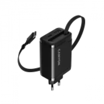 Įkroviklis CANYON OnCharge 65RC su integruotu USB-C laidu, 65W, 1x PD, 1x QC, EU kištukas, Juodas