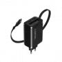 Įkroviklis CANYON OnCharge 65RC su integruotu USB-C laidu, 65W, 1x PD, 1x QC, EU kištukas, Juodas