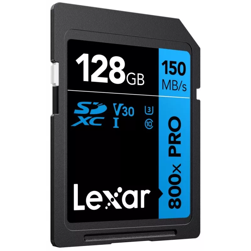 SDXC atminties kortelė Lexar 128GB UHS-I 800xPRO Class 10 U3 V30 — 150 MB/s skaitymas, 45 MB/s rašymas, juoda