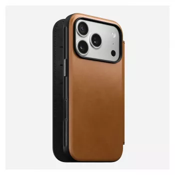 Nomad Modern Leather Folio dėklas iPhone 17 Pro, oda + aliuminis, 6,3 colio (16 cm), Tan, 3 kortelių kišenės