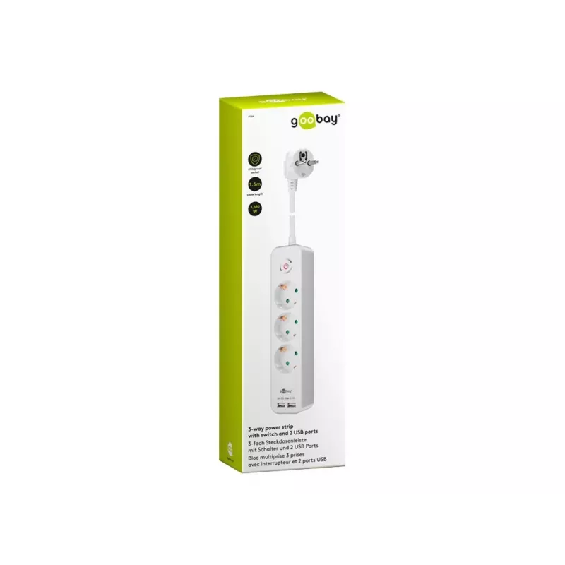 Goobay 3-jų lizdų ilgintuvas su jungikliu ir USB, 1,5 m laidas, F tipo kištukas