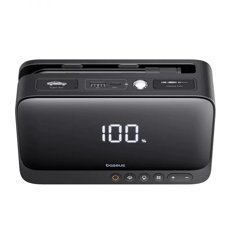 Nešiojamas akumuliatorius Baseus Super Energy 6000 mAh – užvedimo starteris, LiPo 6000 mAh, 300 A paleidimo srovė, 150 PSI, įmontuotas ekranas ir žibintuvėlis, USB-C + USB-A, juodas