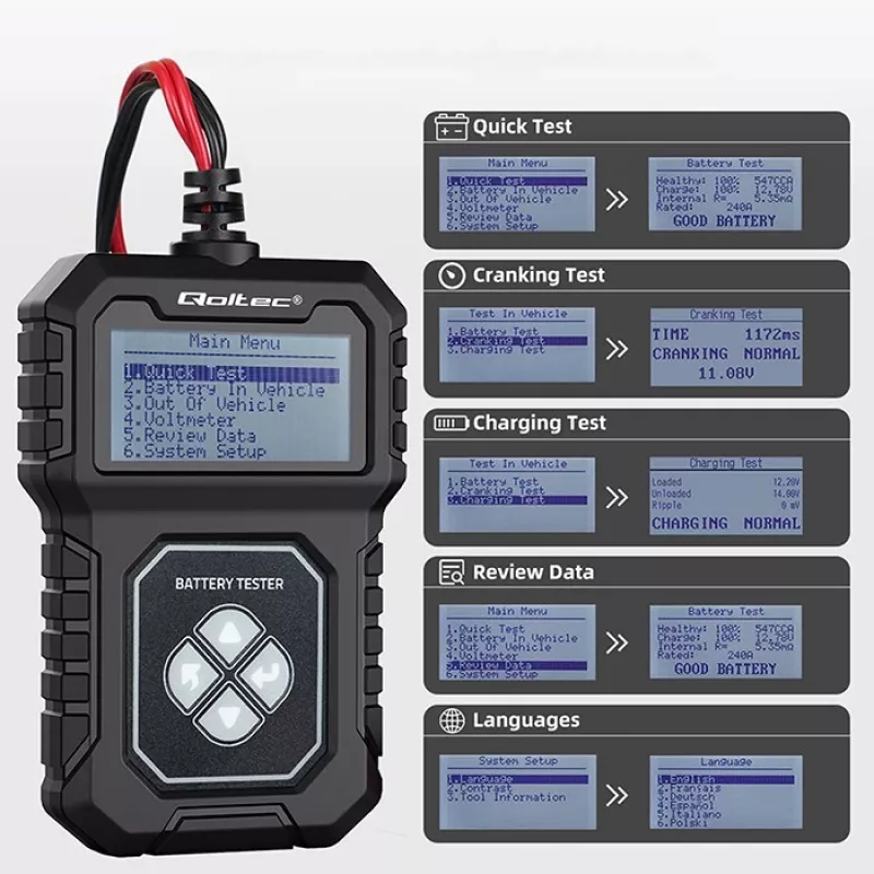 Qoltec skaitmeninis akumuliatoriaus testeris su LCD | Lenkiškas meniu | 12V | AGM | GEL | STD | 30-220AH