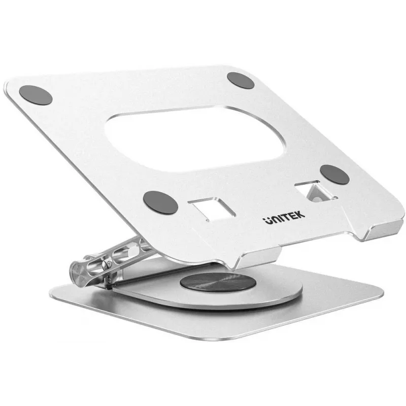 Nešiojamojo kompiuterio stovas Unitek D1109B01 – aliumininis reguliuojamas stovas su atjungiamu USB‑C moduliu, HDMI 4K, PD 100W, 2x USB‑A, RJ‑45, tinka iki 17 colių