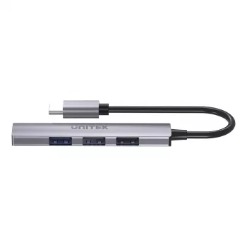 USB-C šakotuvas Unitek H1208B — 1x USB-A 5 Gbps, 3x USB-A 2.0, USB-C lizdas, aliumininis korpusas, 0,20 m kabelis