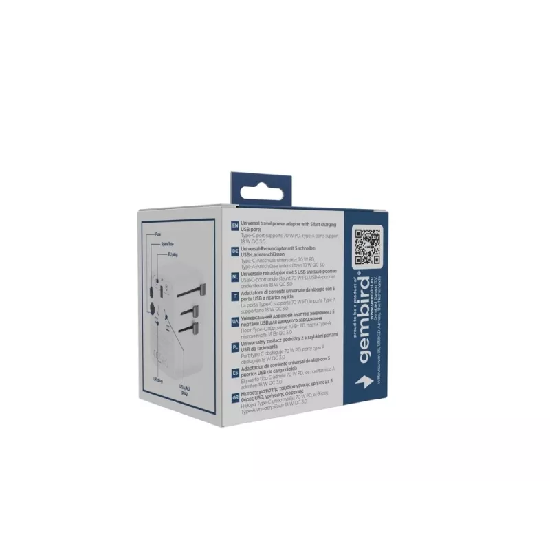 Keliautojų adapteris GEMBIRD TPA-2A3C70-01-W — I tipo kištukas, 3× USB-C (70W), 2× USB-A (18W), 100–250V, baltas
