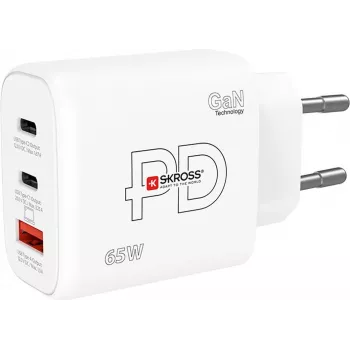 SKROSS Power Charger 65W PD GaN EU USB‑C 2x – 65W USB‑C GaN įkroviklis su dviem USB‑C prievadais ir EU kištuku
