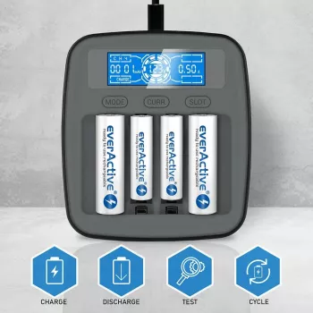 Baterijų įkroviklis everActive NC1000MV2 – Ni‑MH 4 lizdų USB‑C įkroviklis, 4 elementai, 5 V, juodas, 110×99×38 mm