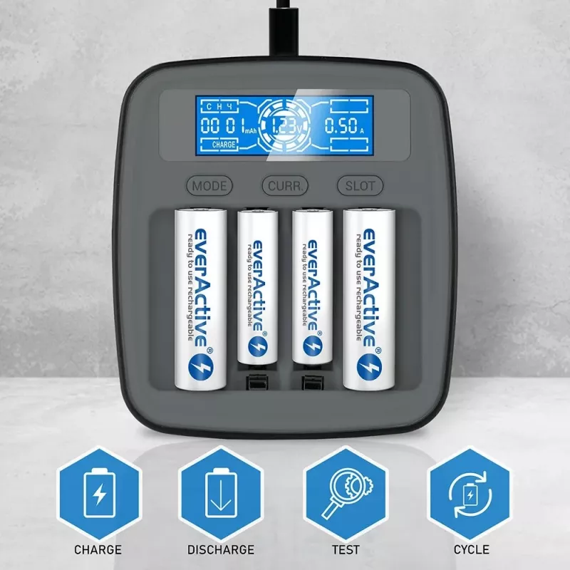 Baterijų įkroviklis everActive NC1000MV2 – Ni‑MH 4 lizdų USB‑C įkroviklis, 4 elementai, 5 V, juodas, 110×99×38 mm