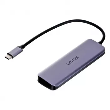 USB šakotuvas Unitek P5+ H1107A — 4 × USB-A 3.2 Gen 2, USB-C 3.2 Gen 1, 5 Gbit/s, 10 W PD, aliuminis, pilkas