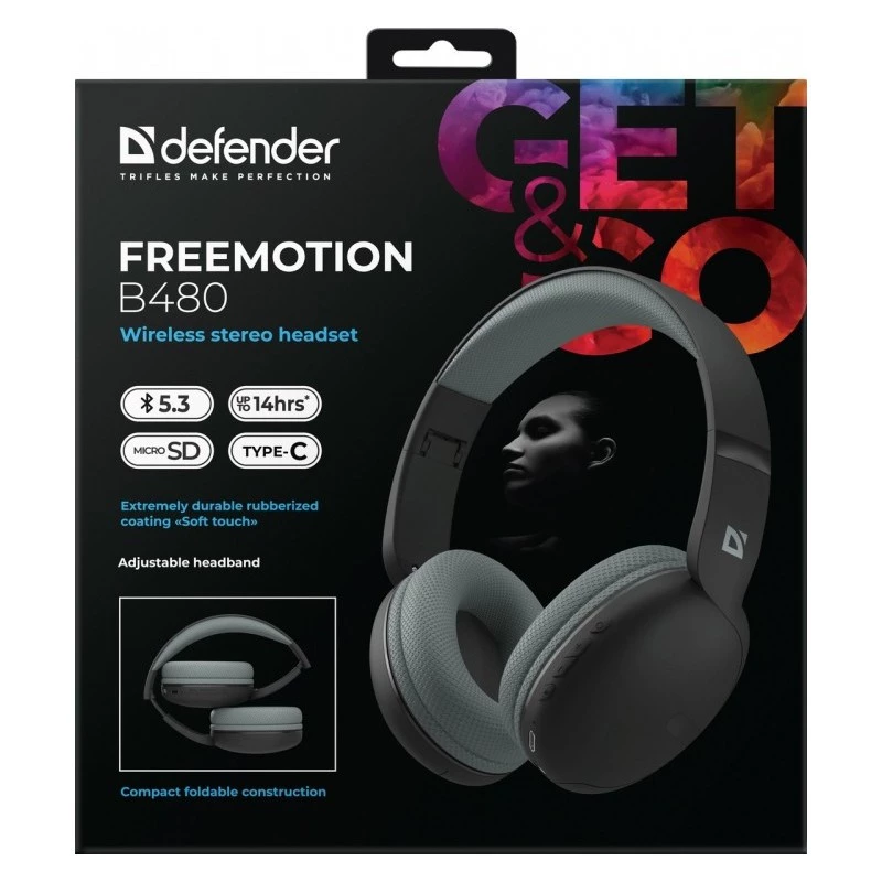 Belaidės ausinės DEFENDER Freemotion B480 – uždengiančios ausis, uždaros, Bluetooth, 20–20000 Hz, 99 dB, USB-C, AUX