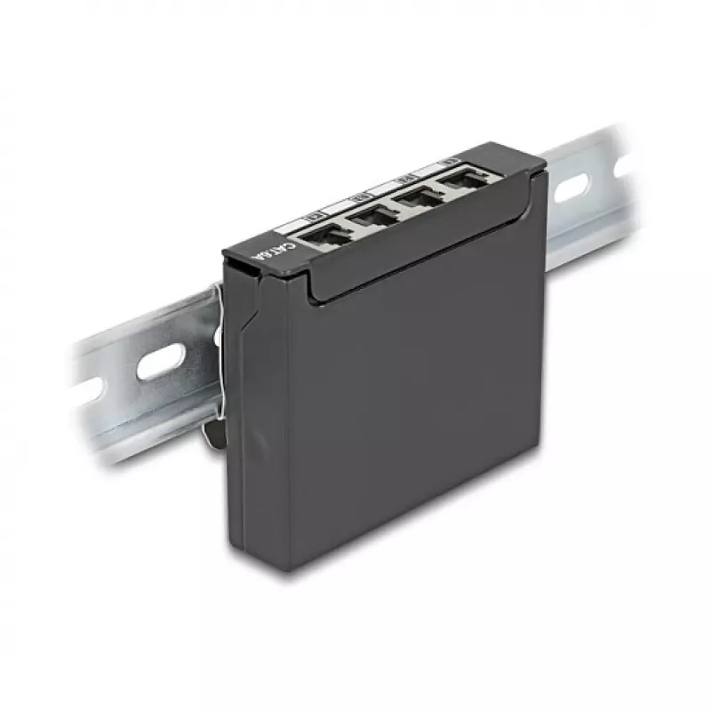 Pataisų skydelis DELOCK Mini Desktop RJ45 4 prievadų Cat.6A ekranuotas, juodas, metalinis, 90×22×93 mm