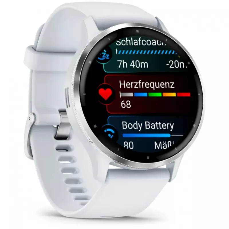 Išmanusis laikrodis GARMIN Venu 3 — 1,4 colių AMOLED, 45 mm korpusas, GPS, Wi‑Fi, 8 GB, sidabrinis/baltas, silikoninis dirželis