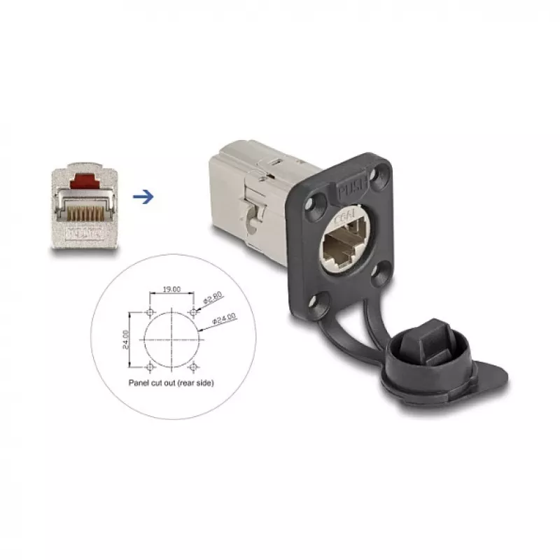 DeLOCK 67061 D-Type RJ45 Cat.6a STP įmontuojamas jungiklis su apsauginiu dangteliu, IP66