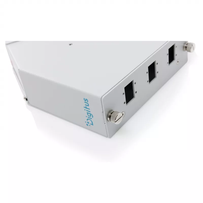 DIN bėgelio šviesolaidžių suvirinimo skirstytuvas DIGITUS DN-96894 — kampuotas, 6 SC SX / LC DX, aliuminis, pilkas