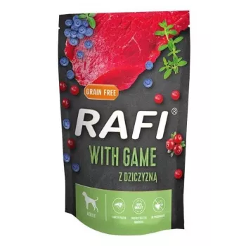 Šlapias šunų ėdalas Dolina Noteci Rafi Game 500 g – elniena, suaugusiems šunims, vienkartinis pakelis