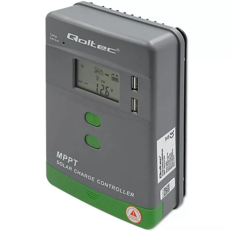 Qoltec MPPT saulės kolektorių valdiklis su temperatūros jutikliu 20A 12V/24V LCD ekranas 2xUSB