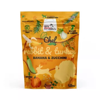 Sausas šunų ėdalas SYTA MICHA Chef triušis su kalakutu junior 1,5 kg — granulės šuniukams, 28% baltymų, 14% riebalų