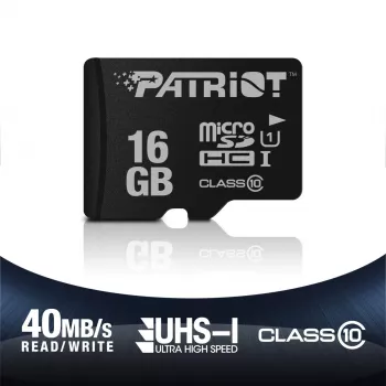 PATRIOT PSF16GMDC10 microSDHC atminties kortelė – 16 GB, Class 10, UHS-I (U1), 80 MB/s, juoda