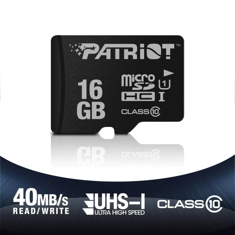 PATRIOT PSF16GMDC10 microSDHC atminties kortelė – 16 GB, Class 10, UHS-I (U1), 80 MB/s, juoda