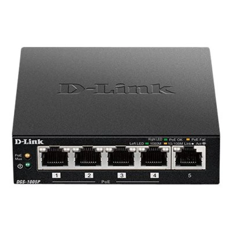 D-Link DGS-1005P/E nevaldomas tinklo jungiklis Gigabit Ethernet (10/100/1000) su PoE, juodas