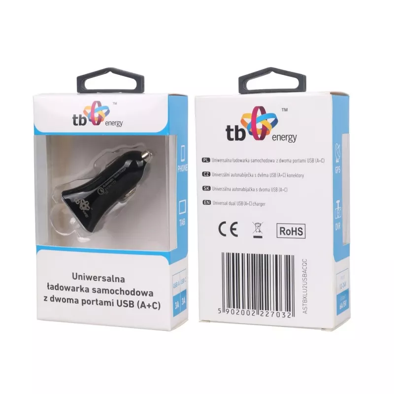 Automobilinis USB įkroviklis USB-A + USB-C su QC, TB ASTBXLU2USBACQC