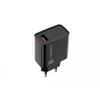 NATEC Ribera universalus greitojo įkrovimo sieninis kroviklis — 18 W (5–15 V, iki 3 A), 1× USB-A, Huawei FCP/SCP, juodas