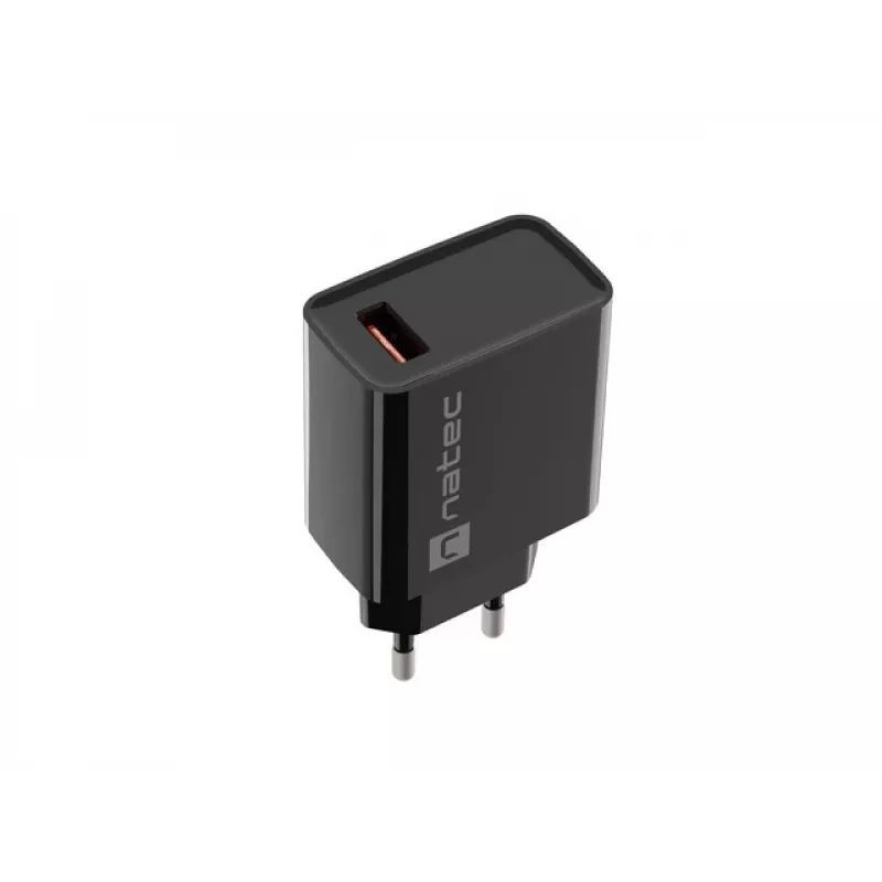 NATEC Ribera universalus greitojo įkrovimo sieninis kroviklis — 18 W (5–15 V, iki 3 A), 1× USB-A, Huawei FCP/SCP, juodas