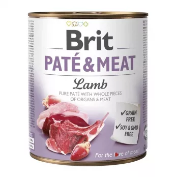 Šlapias šunų ėdalas Brit Paté & Meat su ėriena 800 g – pilnavertis konservuotas maistas suaugusiems šunims, 11% baltymų, 9% riebalų, 75% drėgmės