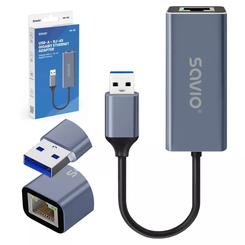 Tinklo sąsajos adapteris SAVIO AK-83 USB-A į RJ-45 vyriškas, 5 Gbit/s, juodas