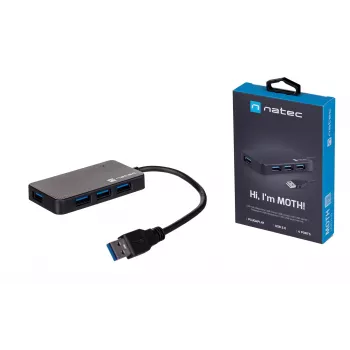 USB stotelė NATEC Moth 4 prievadų USB 3.2 Gen 1 Type-A (5000 Mbit/s), maitinama per USB, juoda, 0,15 m laidas