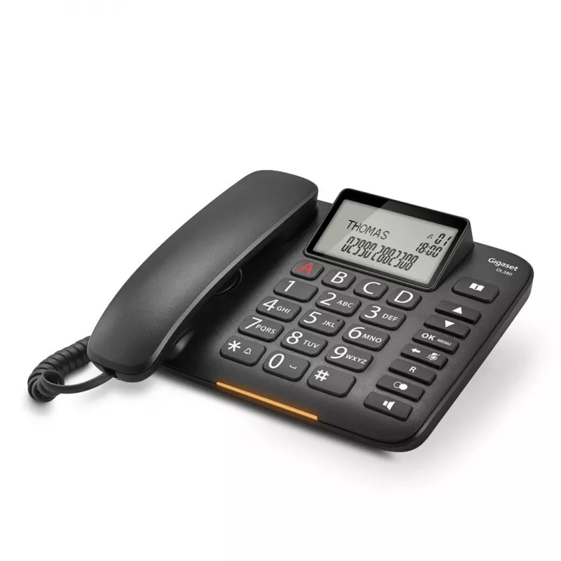 Laidinis telefonas Gigaset DL380 su dideliais klavišais ir aukšto kontrasto ekranu, juodos spalvos