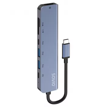 USB Type-C stotelė SAVIO AK-82 su HDMI, MicroSD, USB 3.2 Gen1, PD praėjimu, 4K@30Hz, 5000 Mbit/s, juoda