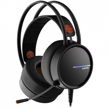 CANYON INTERCEPTOR GH-8A, Žaidimų ausinės 3.5mm lizdas ir USB jungtis LED foniniam apšvietimui, reguliuojamas mikrofonas ir garsumo valdymas, su 2in1 3.5mm adapteriu, kabelis 2m, Juodos ir Oranžinės
