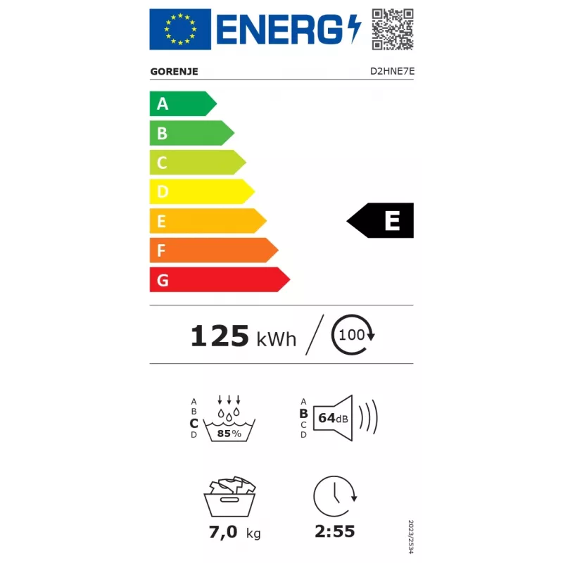 Gorenje D2HNE7E džiovyklė | Energijos klasė E | 7 kg | Šilumos siurblys | LED | 51 cm | Balta