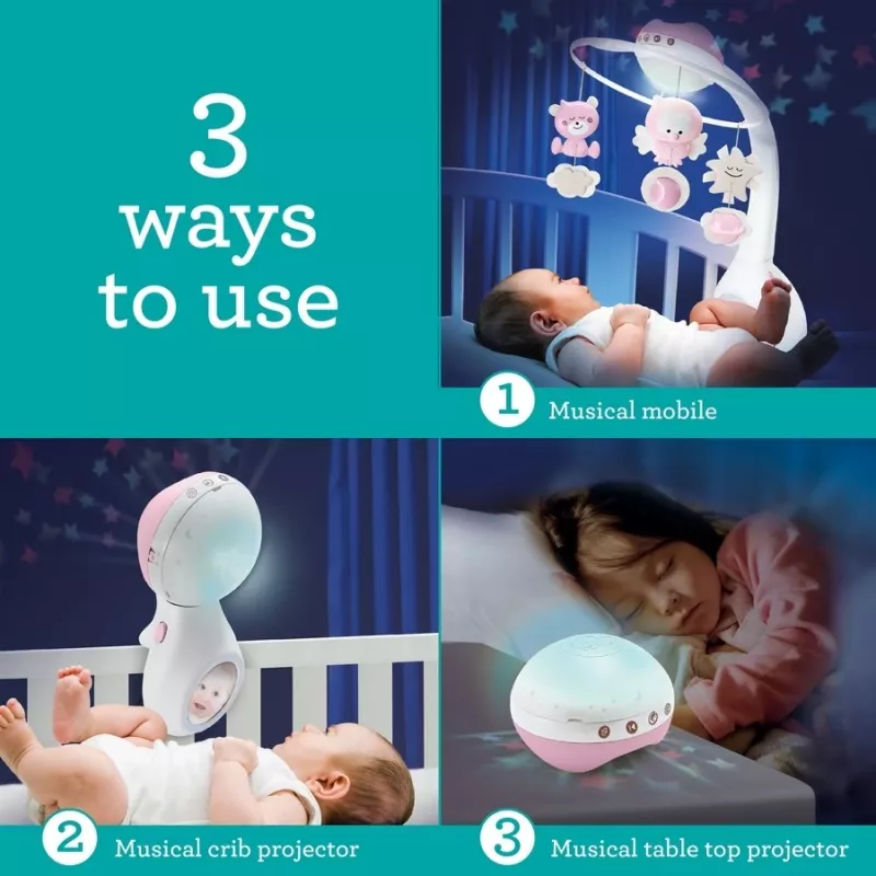 Muzikinė dėžutė kūdikiams B-kids 3in1 Infantino 150302050 — pudrinė rožinė, 3-in-1 raminantis žaislas