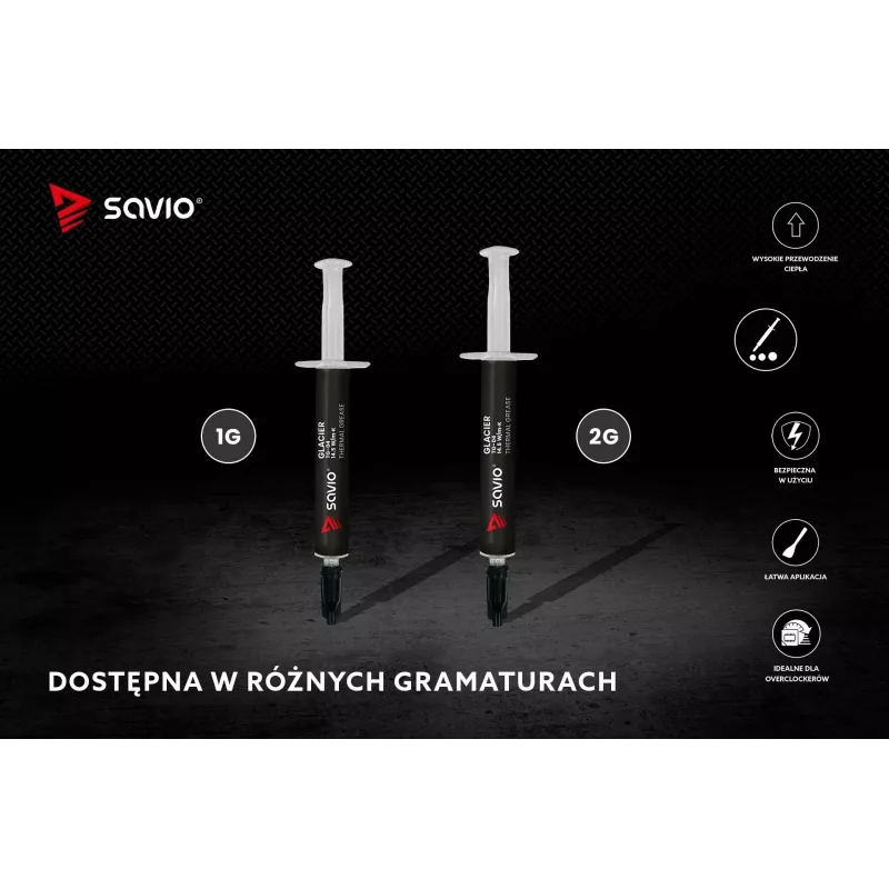 Termopasta SAVIO TG-04 2g – aukšto našumo šiluminė pasta CPU/GPU, tankis 2,81 g/cm³, pilka