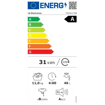 LG F4X5011TKB skalbyklė, A, priekinis pakrovimas, 11 kg, gylis 56,5 cm, 1400 aps./min., LED, balta