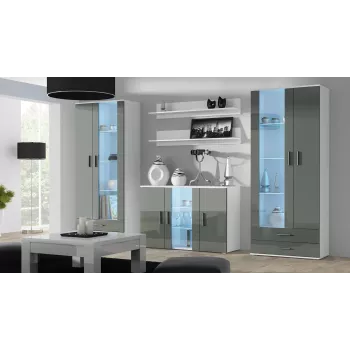 Komoda Cama Meble SOHO S7, 120 cm, balta/pilka blizgi, 3 durys, 4 lentynos