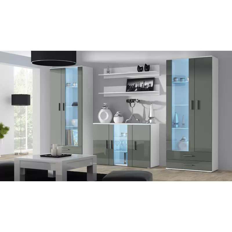 Komoda Cama Meble SOHO S7, 120 cm, balta/pilka blizgi, 3 durys, 4 lentynos