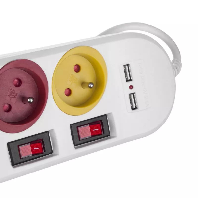 Maitinimo blokas MACLEAN MCE229W — 4 lizdai, 2× USB, 1,5 m laidas, F tipo, 10 A, baltas