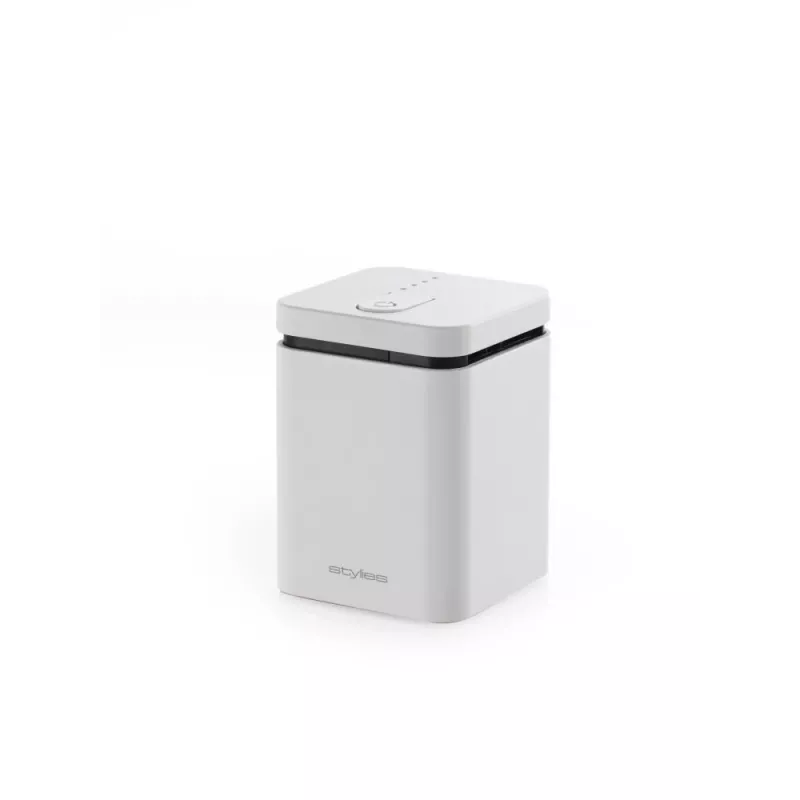 Aromos difuzorius Stylies ELARA/WHITE — garinamasis, iki 25 m², 2 h laikmatis, AC/baterija/USB, 1,3 W, 74×74×100 mm