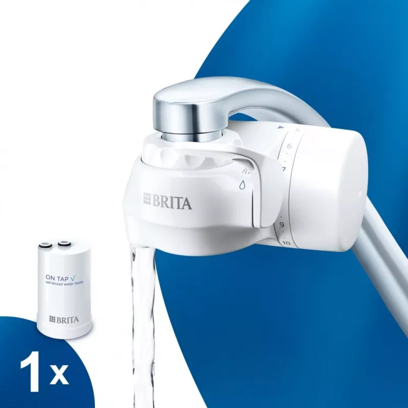 Vandens filtras čiaupui BRITA ON TAP V CU CE2 (1052067) — 4 pakopų, 600 L, 3 režimai, 5 adapteriai, baltas