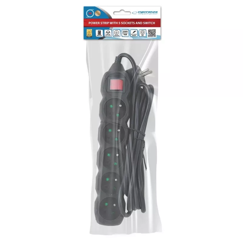 Prailginimo laidas ESPERANZA ELK215K – 3 m laidas, 5 Type E AC lizdai, vidaus patalpoms, juodas