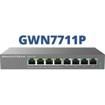 Valdomas L2 Gigabit PoE tinklo jungiklis Grandstream GWN7711P – 8x RJ-45 10/100/1000, 48V DC, stalinis/sieninis