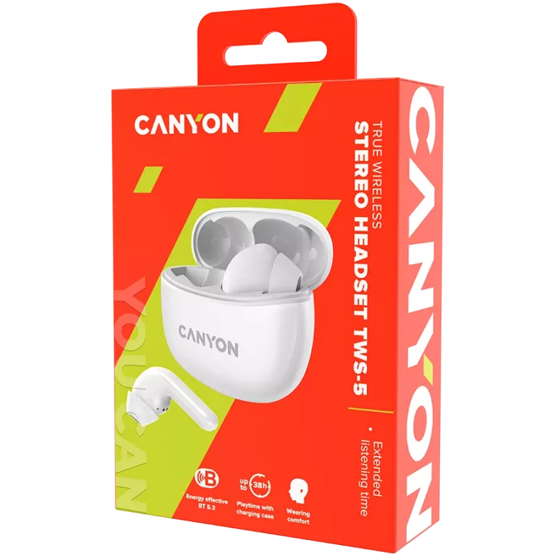 Canyon TWS-5 belaidžiai ausinukai su mikrofonu, BT V5.3, 20Hz-20kHz, 40mAh*2+500mAh, Type-C