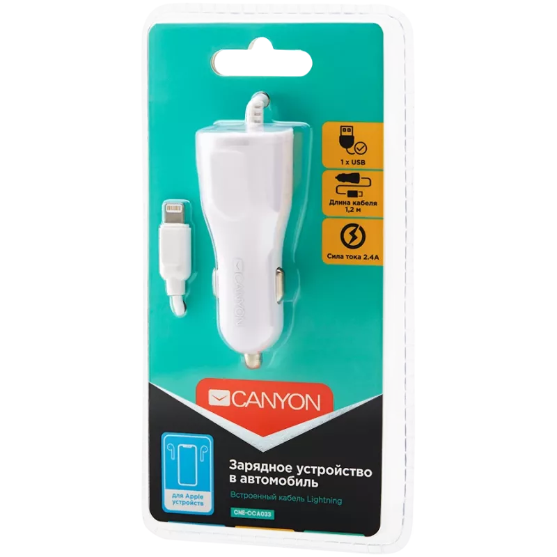 Automobilinis įkroviklis CANYON C-033 2.4A USB-A su integruotu Lightning kabeliu Baltas